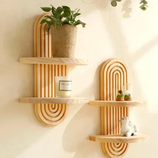 Boho wooden wall mounted display shelf