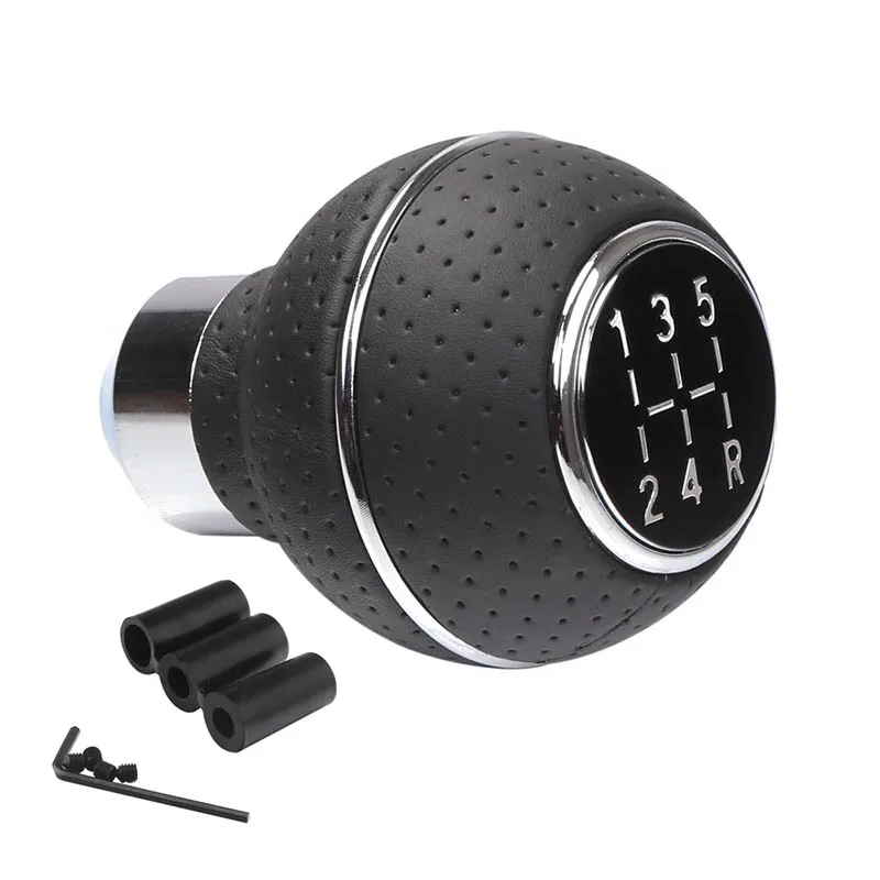 Leather Gear Shift Knob – 5 Speed Manual Gear Stick with Coloured Ring, Fits Most Cars, Vans & SUVs - Silver Ring