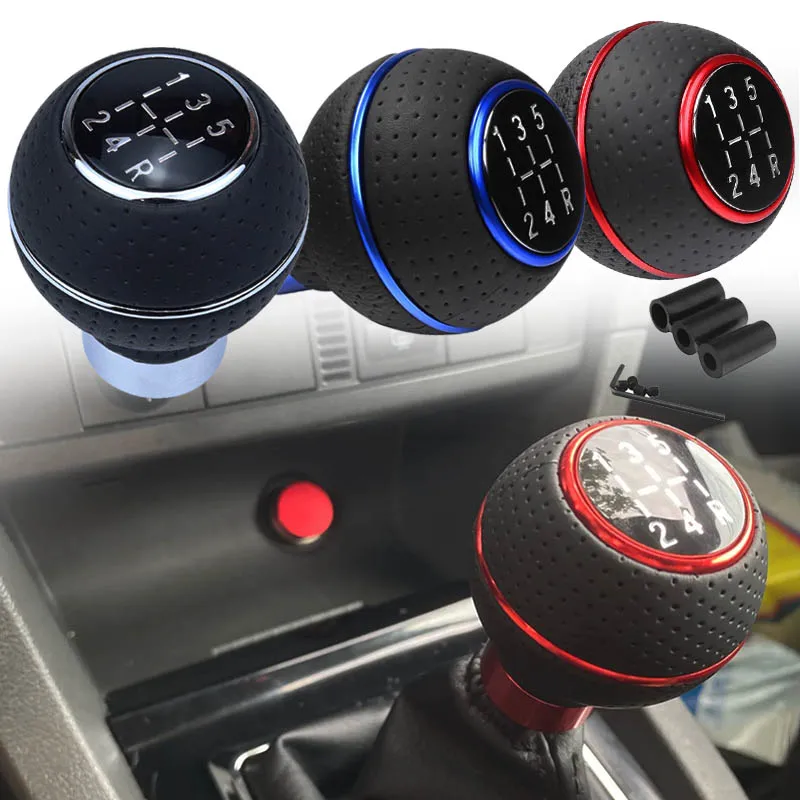 Leather Gear Shift Knob – 5 Speed Manual Gear Stick with Coloured Ring, Fits Most Cars, Vans & SUVs