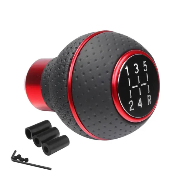 Leather Gear Shift Knob – 5 Speed Manual Gear Stick with Coloured Ring, Fits Most Cars, Vans & SUVs - Red Ring
