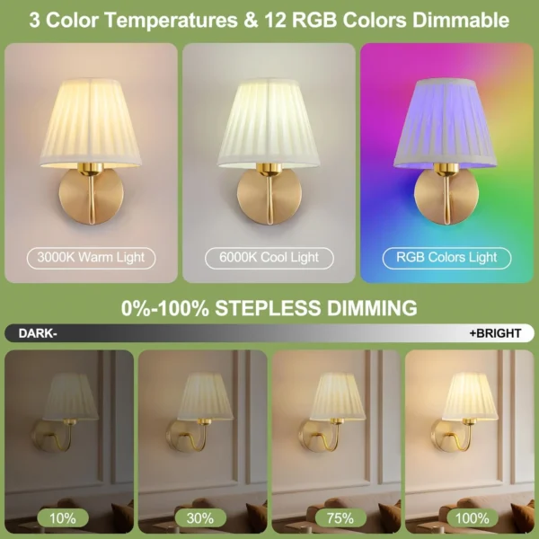 Battery-Powered Wireless Wall Light with Remote – Dimmable 15-Colour RGB Wall Sconce with Timer