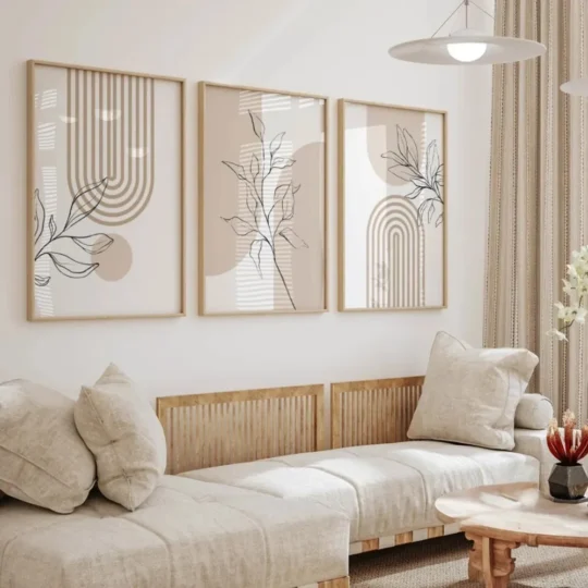 Neutral Boho Botanical Canvas Wall Art Set of 3 – Japanese Beige Minimalist Plant Prints, Unframed