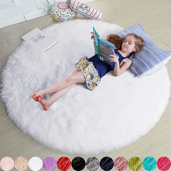 Round Fluffy Shaggy Rug White